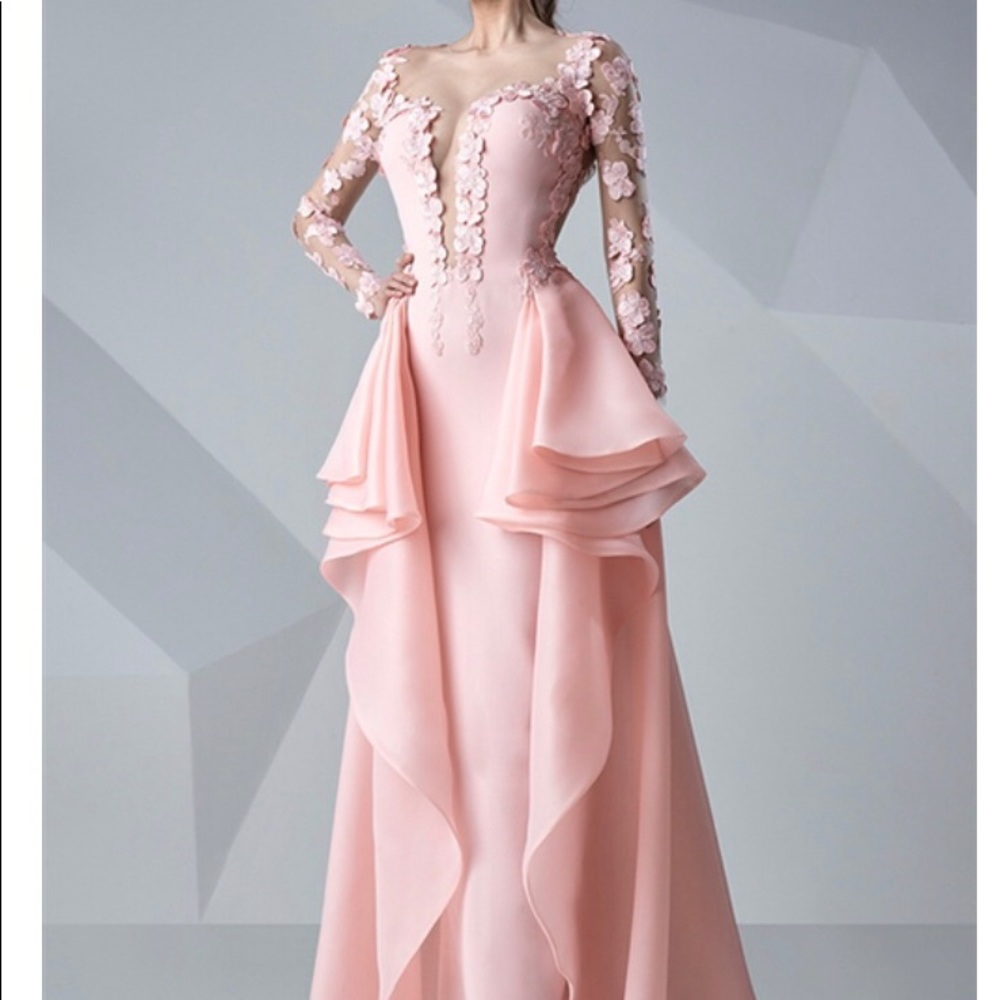 MNM Couture Pink Long Sleeve Floral Appliqué Evening Gown